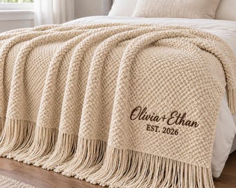 Personalized Embroidered Knit Blanket, Custom Couple Names Fringe Throw, Wedding Gift for Newlyweds, Anniversary Keepsake for Home