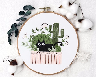 Black Cat Embroidery Kit, Cat Pattern Cross Stitch, Needle Point Kit, Handmade For Adult, Modern Hoop Hang Wall Art