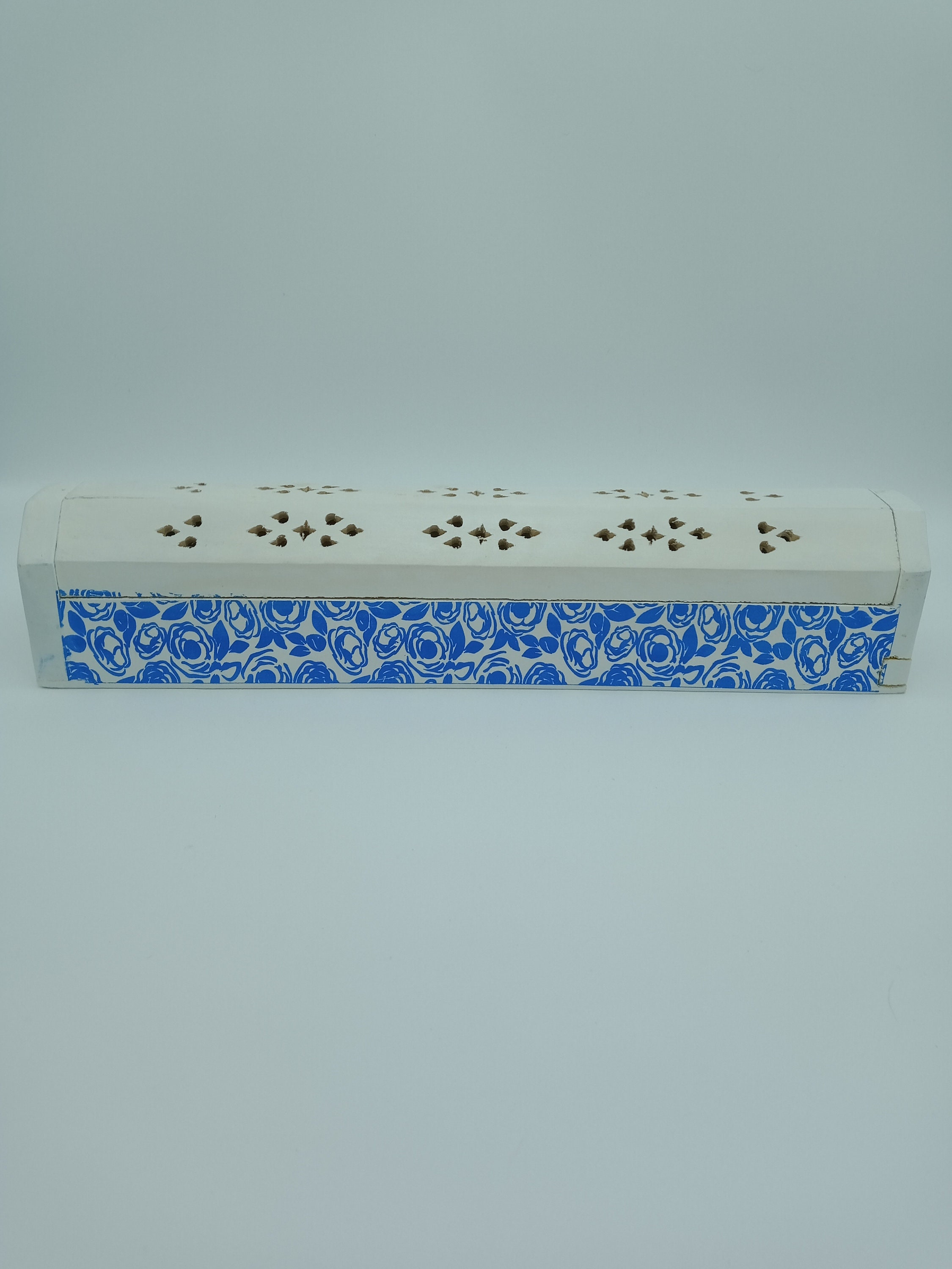 Porte Encens Bois Coffret Blanc Motifs 30 cm