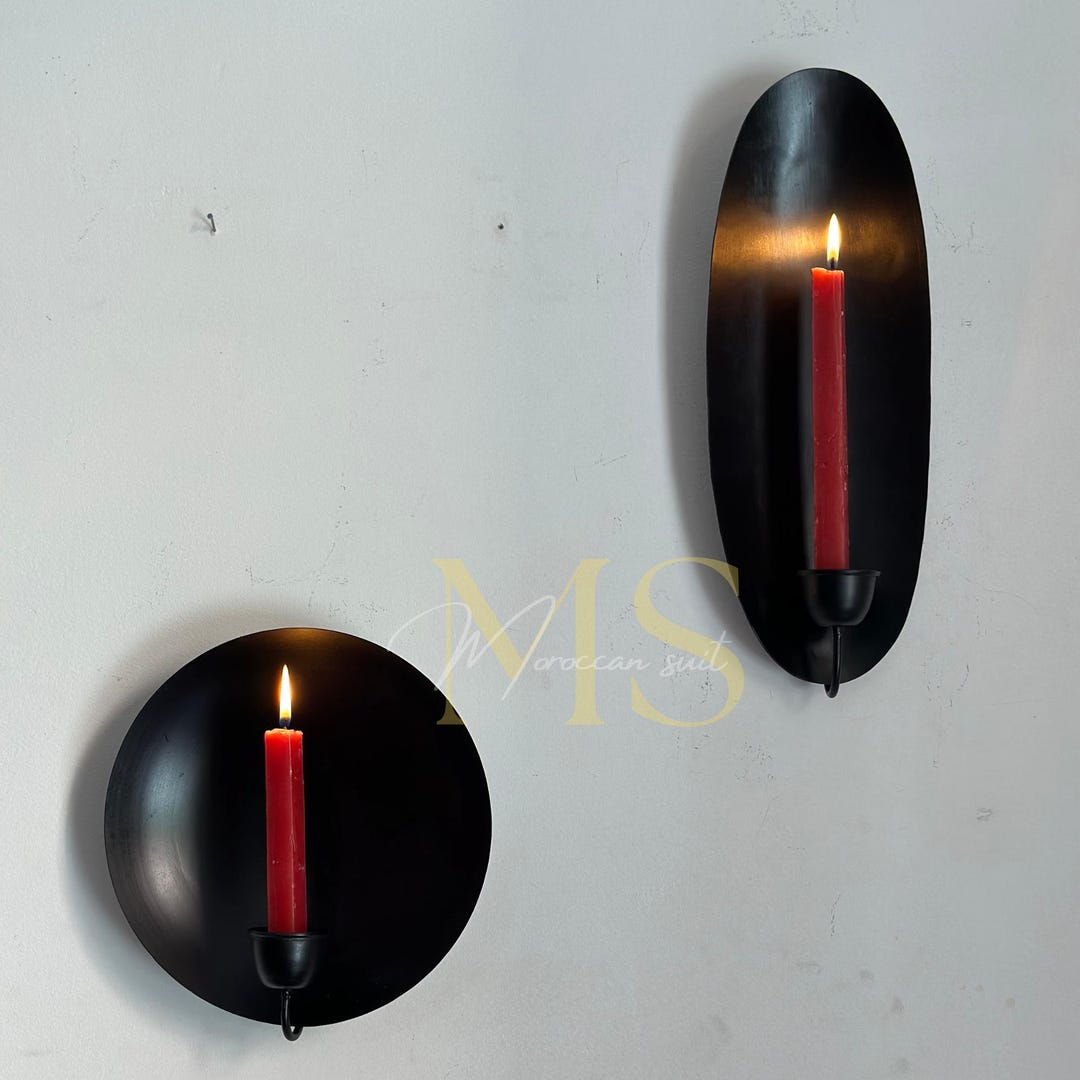 Black Round, Oval Brass Gold Leaf Candle Holder Wall Light, Moroccan