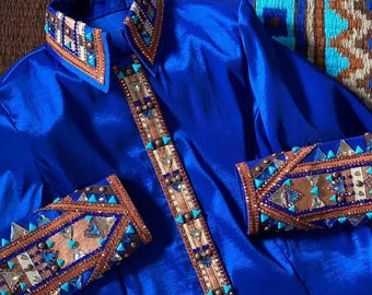 Camisa y chaqueta de riel para mujer con diseño de reina del rodeo personalizado del oeste, exhibición, equitación, exhibición de placer occidental.