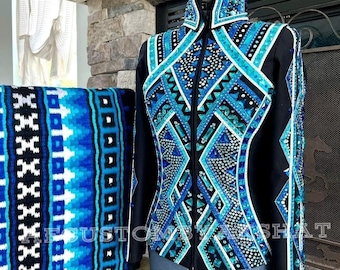 Camisa y chaqueta de riel para mujer con diseño de reina del rodeo personalizado del oeste, exhibición, equitación, exhibición de placer occidental.