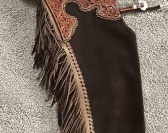 Custom Fringed Leather Western Chaps: Hand-Tooled Sunflower Design