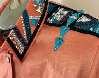 Camisa y chaqueta de riel para mujer con diseño de reina del rodeo personalizado del oeste, exhibición, equitación, exhibición de placer occidental.