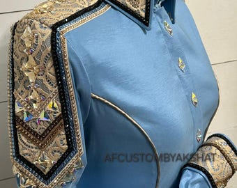 Camisa y chaqueta de riel para mujer con diseño de reina del rodeo personalizado del oeste, exhibición, equitación, exhibición de placer occidental.