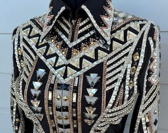 Chaqueta vaquera geométrica plateada para espectáculos hípicos - Camisa personalizada para equitación - Prendas de vestir para espectáculos con cristales hechos a mano