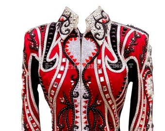 May include: A red, black, and white show jacket with intricate embroidery and rhinestones. The jacket has a stand-up collar and a zipper closure.