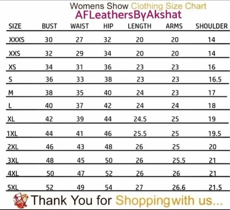 May include: Size chart for women's clothing with measurements in inches for bust, waist, hip, length, arms, and shoulder. Sizes range from XXXS to 5XL.