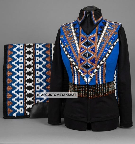 The Bronze Elite-Custom Western Show Set - Hand-Embellished Royal Blue Vest with shirt -Beaded Fringe & Coordinating Handwoven Wool Blanket.