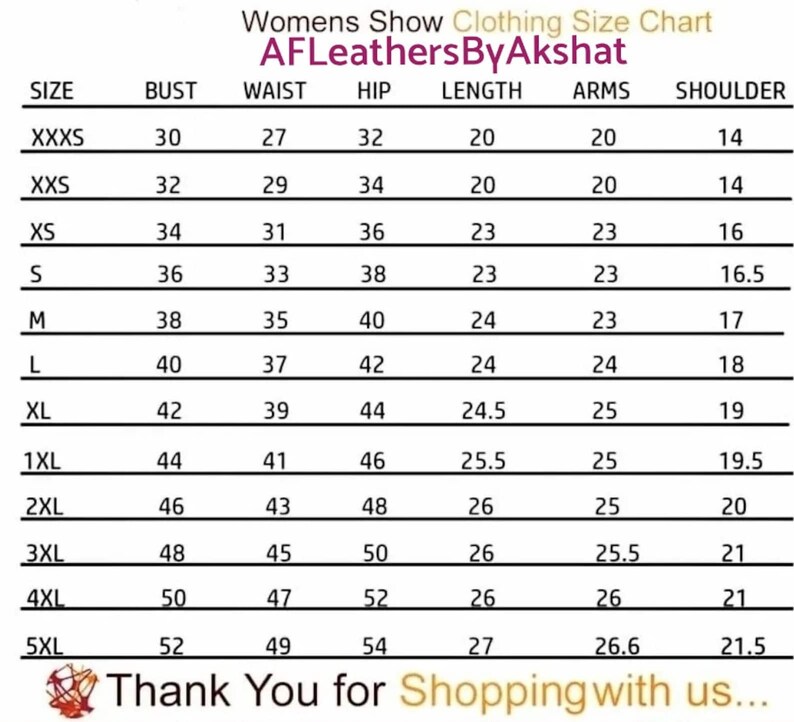 May include: A size chart for women's clothing, showing measurements for bust, waist, hip, length, arms, and shoulder in inches. The chart includes sizes from XXXS to 5XL.