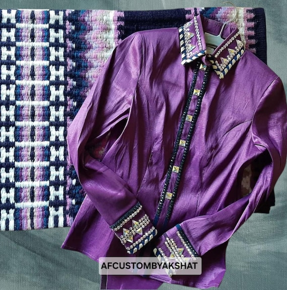 Royal Plum Custom Western Show Shirt with Geometric Crystal Accents.