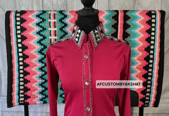 Hot Pink Western Show Outfit - Embellished Zip-Front Shirt & Teal Geometric Wool Saddle Blanket - Professional Competition Set