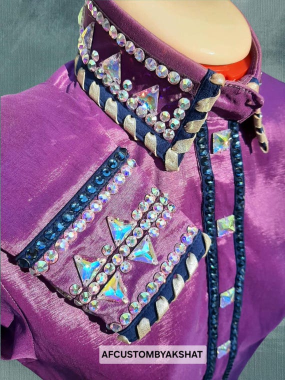 Royal Plum Custom Western Show Shirt with Geometric Crystal Accents.