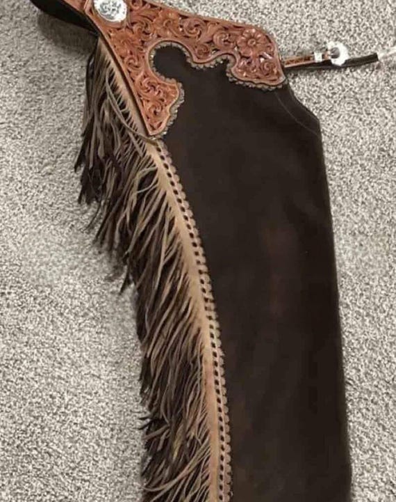 Custom Fringed Leather Western Chaps: Hand-Tooled Sunflower Design