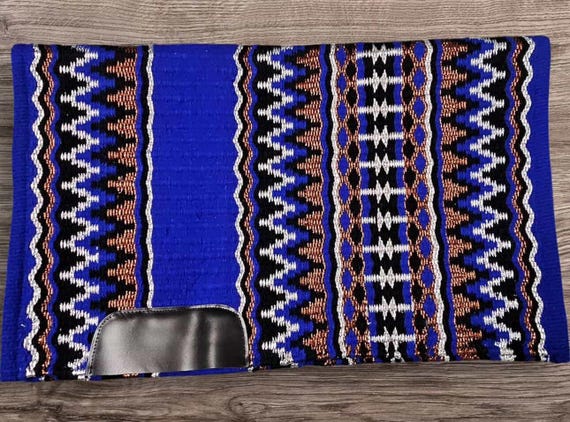 Hand-Woven Wool Western Saddle Blanket, Electric Blue Southwestern Aztec Pattern