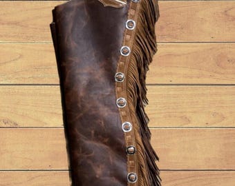Handmade Fringed Leather Western Chaps: Custom Sand Color Suede