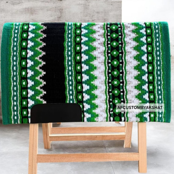 Geometric Western Show Pad – Hand-Finished Wool Horse Blanket, Tan Blue Black