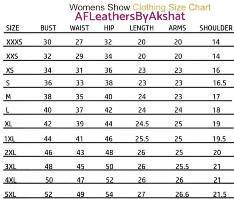 Peut inclure: Un tableau des tailles pour v&ecirc;tements pour femmes avec des mesures en pouces pour le buste, la taille, les hanches, la longueur, les bras et les &eacute;paules. Le tableau comprend les tailles de XXXS &agrave; 5XL.