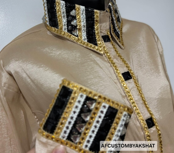 Champagne Silk Show Shirt with Black Gold Rhinestone Detail & Wool Pad