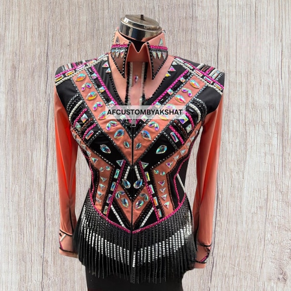 Peach and Black Western Show vest with Fringe - Crystal Embellished Showmanship Shirt - Professional Horsemanship & Pleasure Apparel