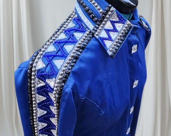 Camisa y chaqueta de riel para mujer con diseño de reina del rodeo personalizado del oeste, exhibición, equitación, exhibición de placer occidental.
