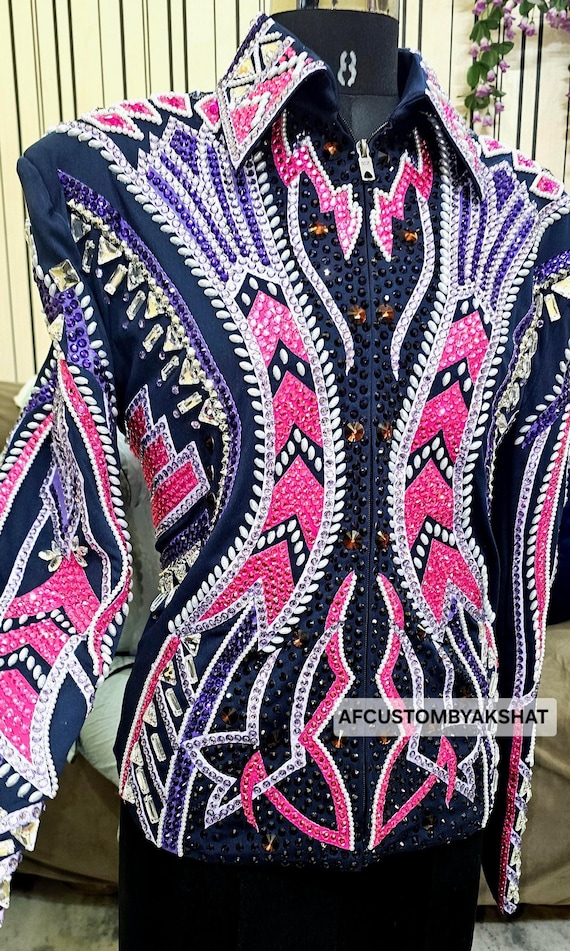Navy Blue Western Show Jacket with Fuchsia and Purple Crystals - Heavily Embellished Showmanship Shirt - Professional Horsemanship Apparel