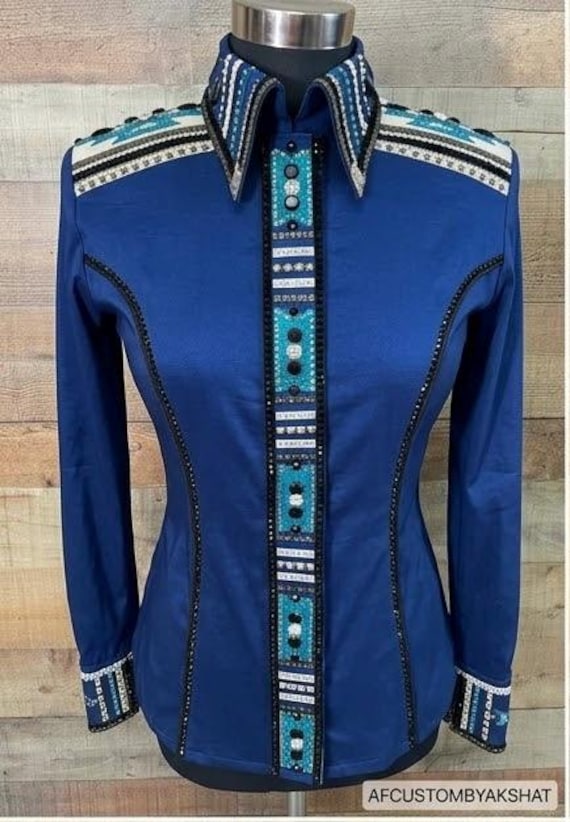 Professional Western Show Shirt - Custom Hand-Embellished Crystal Showmanship Top - Cobalt Blue or Burgundy - AF Customs
