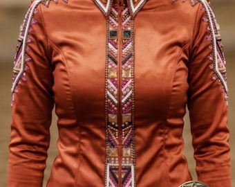 Camisa vaquera color óxido con cristales. Conjunto de manta de lana para silla de montar – Conjunto de actuación adornado con cristales.
