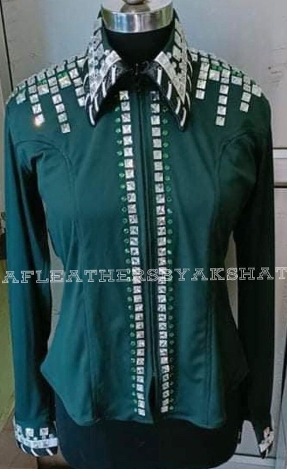 Custom Western Show Shirt: Rodeo Queen Green Rail Shirt