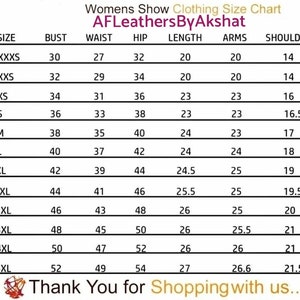 May include: A size chart for women's clothing with measurements in inches for bust, waist, hip, length, arms, and shoulders. The chart includes sizes from XXXS to 5XL.
