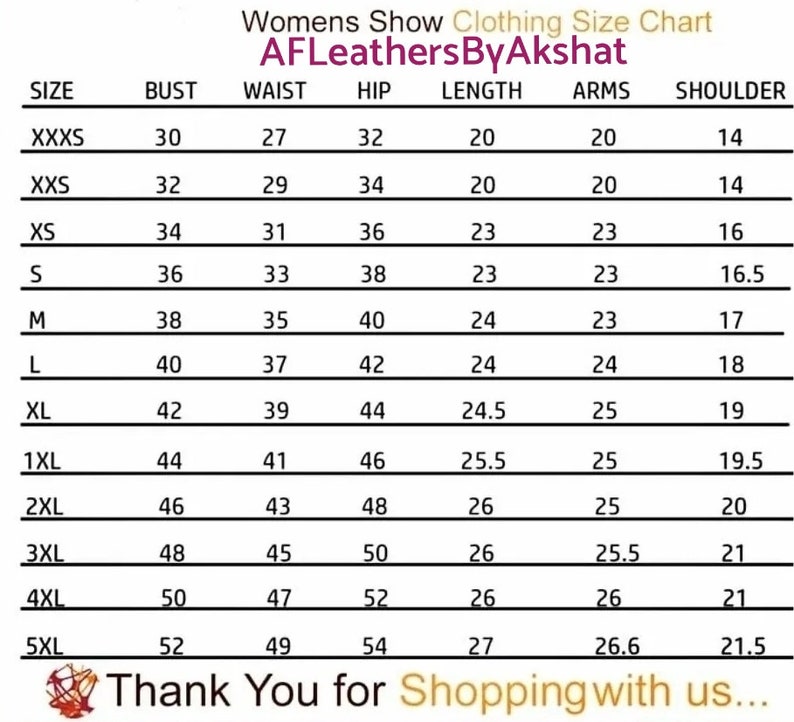May include: A size chart for women's clothing with measurements in inches for bust, waist, hip, length, arms, and shoulders. The chart includes sizes from XXXS to 5XL.