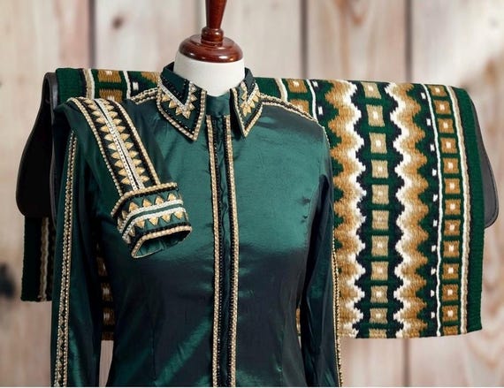 Dark Emerald Green Western Show Shirt & Geometric Wool Saddle Blanket Set