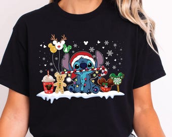 Camiseta navideña de Stitch, camiseta navideña de Disney, camiseta de Stitch, camiseta de Disney, camiseta navideña, camisetas a juego de Disney, camisetas navideñas de Mickey
