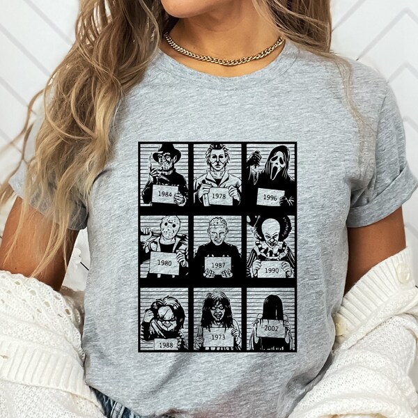 Horror Mugshot Shirt, Horror Movie Characters Shirt, Horror Movie Gift, Horror Movie Shirt, Halloween Shirt, Spooky Shirt, 80s Horror Shirt