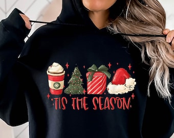 Sudadera con capucha Tis The Season, sudadera con capucha Merry Christmas, sudadera con capucha linda de Santa, sudadera con capucha de Año Nuevo, sudaderas con capucha de Navidad, regalos de Navidad para mujeres, sudadera de Navidad