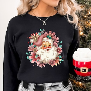 Flowers Santa, Retro Santa Sweat, Santa Sketch Hoodie, Retro Christmas Sweat, Christmas Gift, Vintage Santa Claus Hoodie, Ho Ho Ho Sweat