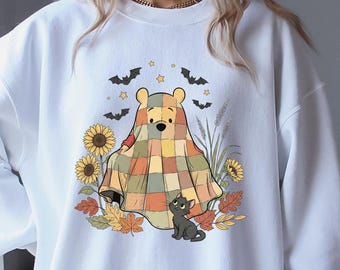 Suéter retro de Halloween con fantasma de Pooh, sudadera con capucha de Winnie The Pooh para Halloween, regalo de temporada espeluznante, sudadera de Pooh, linda camiseta de otoño, regalo de Halloween