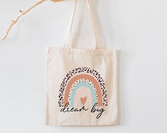 Cute Rainbow Grocery Bag, Vintage %100 Cotton Tote Bag, Dream Big Bag, Reusable Shopping Bag, Cute Canvas Bag, Rainbow Bag, Gift For Her