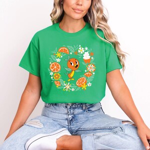 Puede incluir: Camiseta verde con un personaje de dibujos animados de naranja rodeado de rodajas de naranja, flores y postres. El dise&ntilde;o est&aacute; centrado en la camiseta. La camiseta la lleva una persona.