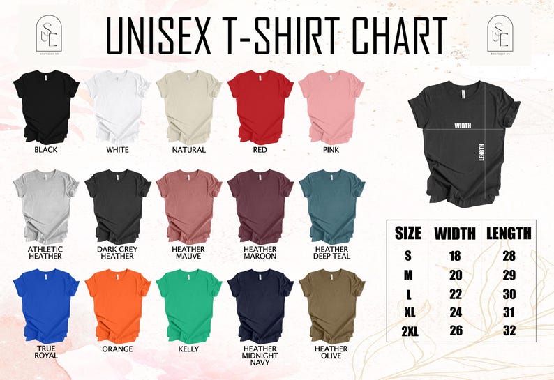 a chart of unisex t - shirt sizes for men and women