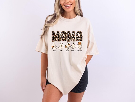 Custom Mom Halloween Shirt, Comfort Color Halloween Shirt, Mama Shirt, Halloween Mama Shirt, Mama Ghost Shirt, Personalized Fall Mama Shirt