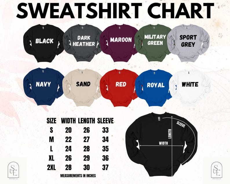 sweatshirt chart with different colors and sizes