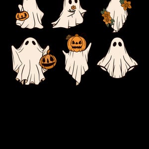 May include: Six white ghosts with different expressions and accessories. Some ghosts are holding pumpkins, while others are holding flowers. The ghosts are on a black background.