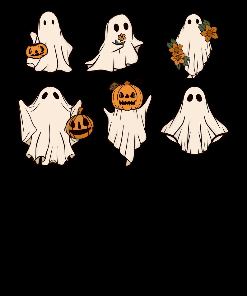 May include: Six white ghosts with different expressions and accessories. Some ghosts are holding pumpkins, while others are holding flowers. The ghosts are on a black background.