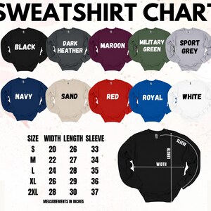 sweatshirt chart with different colors and sizes
