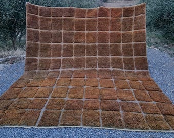 Op de afbeelding: Een bruin en beige shag-kleed met een geometrisch patroon van vierkanten. Het kleed is gemaakt van een dik, pluche materiaal en heeft een franje rand.