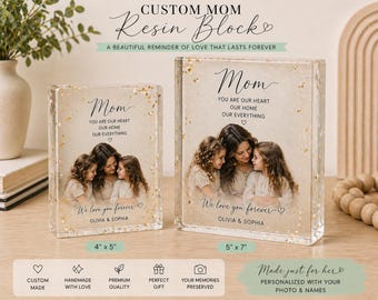 Custom Photo Resin Block for Mom | Personalized Keepsake Gift, Gold Flake Detail