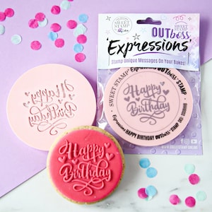 Stempel - OUTboss Expression - Herzen Happy Birthday Cookie/Cupcake Deboss/Emboss Cupcake Topper, Prägungen für Kekse & Cupcakes