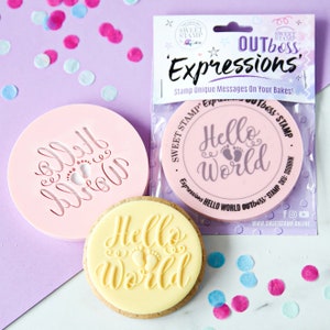 May include: Two pink silicone stamps with the text "Hello World" and "Hello Little One" with baby footprints. The stamps are packaged in a clear plastic bag with the brand name "Sweet Stamp Outboss Expressions".