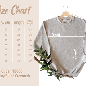 Puede incluir: Tabla de tallas para una sudadera Gildan 18000 Heavy Blend Crewneck. La tabla muestra las medidas en pulgadas para el ancho, la longitud y la longitud de la manga para las tallas S a 4XL.